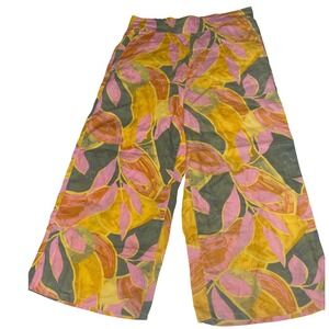 Tahari Luxe Linen Cropped Wide Leg Floral Leaf Pants Women's Large Large